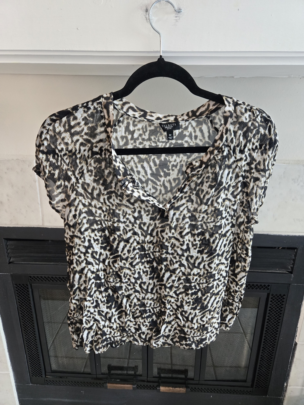 Talbots Black and Cream Leopard-Print Short Sleeve Sheer Blouse 8P